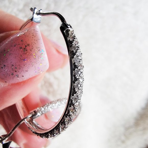 Women's Large Sterling Silver CZ Hoop Earrings - Picture 7 of 9